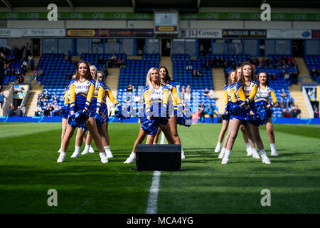 Cheer Leader vor dem Kick Off 14. April 2018, Halliwell Jones Stadium Mike Gregory Weg, Warrington, WA2 7NE, England; Betfred Super League Rugby, Runde 11, Warrington Wolves v Hull Kingston Rovers Stockfoto