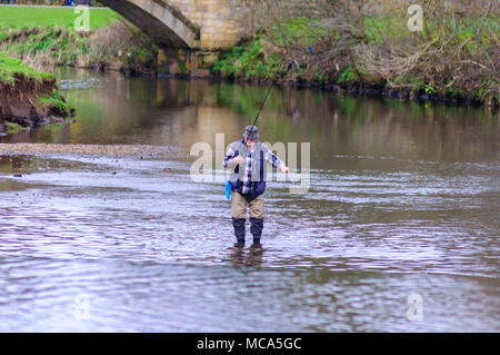 Glasgow, Schottland, Großbritannien. 14. April 2018. UK Wetter: ein Mann mit Casting Rod und Reel und das Tragen von waders Fliegenfischen in den weißen Warenkorb Wasser an einem milden Nachmittag in Pollok Country Park. Credit: Skully/Alamy leben Nachrichten Stockfoto