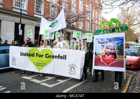 London, Großbritannien. 14. April 2018. Verwandten der Beraubten, und Grenfell überlebenden marschierten von Kensington und Chelsea Rathaus auf dem 10. Monat Jahrestag der Brandkatastrophe Grenfell Gerechtigkeit und Rehousing für die Familien, die durch den Brand Tragödie am 14. Juni 2017 Credit betroffen waren: Amer ghazzal/Alamy leben Nachrichten Stockfoto