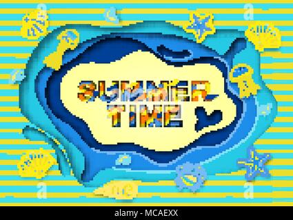 Sommer Typografie Design mit abstrakter Papier Formen, Muscheln und Meerestiere. Vector Illustration. Ein Rahmen aus Papier schneiden. Stock Vektor