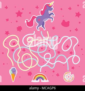 Vektor Cartoon Stil Abbildung: Lustige Labyrinth oder Irrgarten für Kinder. Hilfe adorable Einhorn Eis, Rainbow oder Krapfen finden. Stock Vektor
