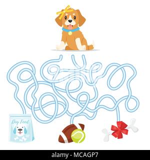 Vektor Cartoon Stil Abbildung: Lustige Labyrinth oder Irrgarten für Kinder. Die welpen Hundefutter, Kugel oder Knochen zu finden. Stock Vektor