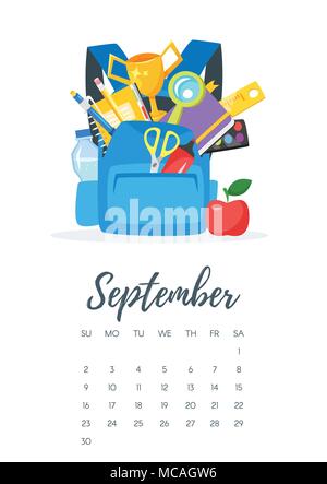 Vektor Cartoon Stil Abbildung: September 2018 Jahr Kalender Seite mit blauen Rucksack mit Schule stationäre. Vorlage für Drucken. Stock Vektor