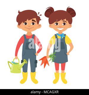 Vektor Cartoon Stil Junge und Mädchen Zeichen in Farm Kostüme. Stock Vektor