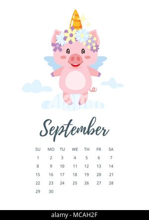 Vektor Cartoon Stil Abbildung: September 2019 Jahr Kalender Seite mit Schwein mit Flügeln und Unicorn Horn auf der Wolke. Vorlage für Drucken. Stock Vektor