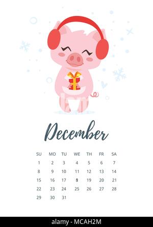 Vektor Cartoon Stil Abbildung: Dezember 2019 Jahr Kalender Seite mit niedlichen Schweinezuchtbetriebe, Weihnachten und das neue Jahr präsentieren. Vorlage für Drucken. Stock Vektor