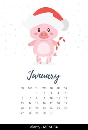 Vektor Cartoon Stil Abbildung: Januar 2019 Jahr Kalender Seite mit niedlichen Schwein in Santa Claus hat Holding Zuckerstange. Hintergrund mit Schneeflocken. Stock Vektor