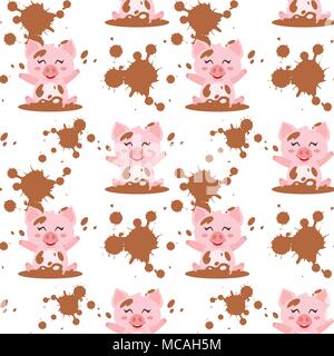 Vektor Cartoon Stil nahtlose Muster mit niedlichen happy Pink Pig baden im Schlamm. Weißer Hintergrund. Stock Vektor