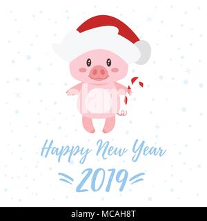 Vektor Cartoon Stil Abbildung: Frohes Neues Jahr 2019 Grußkarten mit niedlichen rosa Schwein tragen Santa Claus hat und Holding Zuckerstange. Isoliert auf Stock Vektor