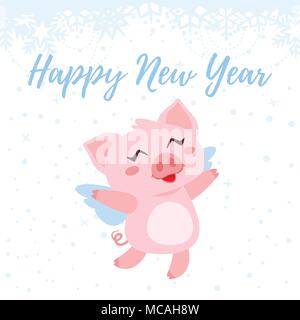 Vektor Cartoon Stil Abbildung: Frohes Neues Jahr 2019 Grußkarten mit niedlichen rosa Schwein fliegen in den Himmel. Auf weißem Hintergrund mit snowfla Isoliert Stock Vektor