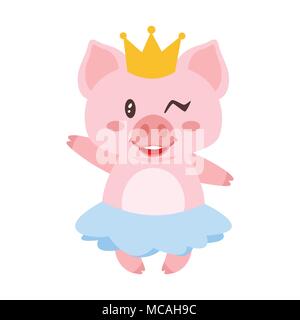 Vektor Cartoon Stil Abbildung: niedliche rosa winking Schwein in blauen Rock und goldene Krone. Auf weissem Hintergrund. Stock Vektor