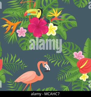 Vektor Cartoon Stil Sommer nahtlose Muster mit tropischen Blättern, Toucan, Flamingo und Blumen. Stock Vektor