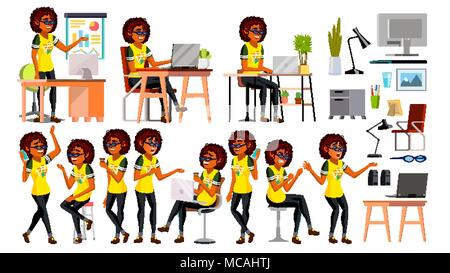 Business afrikanischen schwarzen Frau Charakter Vektor. In Aktion. Büro. Es Business Company. Die eleganten Amerikanischen Moderne Mädchen. Verschiedene Ansichten. Umwelt Prozess. Cartoon Illustration Stock Vektor