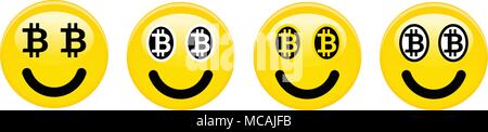 Bitcoin Smiley Emoticon. Gelb 3d Emoji mit schwarzen und weißen btc Symbole anstelle der Augen. Stock Vektor