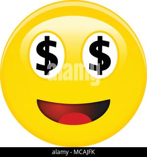 Amerikanischer Dollar Smiley Emoticon. Gelbe Lachen 3d Emoji mit schwarzen USD Symbole anstelle der Augen und roten geöffnetem Mund. Stock Vektor