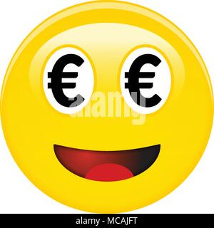 Euro Smiley Emoticon. Gelbe Lachen 3d Emoji mit Schwarz eur Symbole anstelle der Augen und roten geöffnetem Mund. Stock Vektor