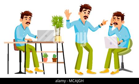 Business Mann Charakter Vektor. Arbeiten Menschen. Umwelt Prozess in Start-up Büro, Studio. Männliche Programmierer, Designer. Auf weissem Cartoon Business Charakter Abbildung isoliert Stock Vektor