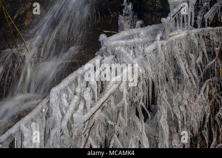 Eis gefrorene Äste und Wasserfällen, Ax les Thermes, Ariège, Französischen Pyrenäen, Frankreich Stockfoto