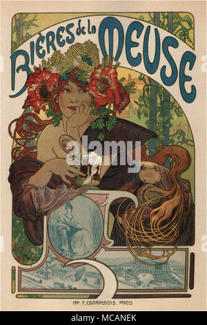 Vintage französische Likör Werbung Jugendstil Poster für Bier in Frankreich, die von Alphonse Mucha, 1890 durchgeführt wurde. Es verfügt über eine wunderschöne französische Mädchen mit einigen entsprechenden Bier Zutaten, einschließlich Gerste Halme und grünen Hopfen, und große Feld Mohn Blumen Indigene im Nordosten Frankreich gürtete ihre langen wirbelnden Strähnen. Sie schaut den Betrachter mit einem fast hypnotischen und verführerischen Blick zwischen der Welt des Betrachters verfangen und die Welt der Malerei. Das Mädchen stellt eine Ausstrahlung und delightfulness zusammen mit dem Hinweis auf eine verborgene Nachricht, drückt eine besondere und freudige i Stockfoto