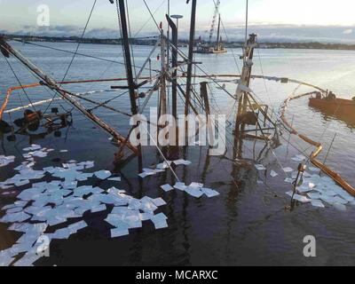 Dinah Jane und Nemesis waren kommerzielle Fischereifahrzeuge, die in New Bedford, Massachusetts, stationiert waren. Am 5. Februar 2018 wurde berichtet, dass beide Schiffe an ihren Anlegestellen in Homer’s Wharf versenkt waren, was zur Koordination der Eindämmungs- und Ermittlungsbemühungen durch die US-Küstenwache führte. Das Archivbild dokumentiert den Hafenvorfall und die Reaktionsoperationen. Stockfoto