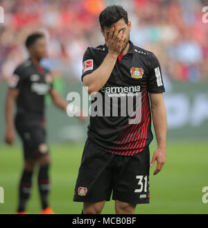 Leverkusen, 14. April 2018, Bundesliga Spieltag 30, Bayer 04 Leverkusen vs Eintracht Frankfurt: Kevin Volland (B04) reagiert. Credit: Jürgen Schwarz/Alamy leben Nachrichten Stockfoto