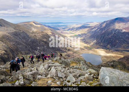 Wanderer Wandern bis Senioren Ridge zu Glyder Fawr oben Cwm Idwal und Nant Ffrancon in Berge von Snowdonia National Park. Ogwen, Wales, Großbritannien, Großbritannien Stockfoto