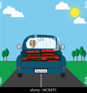 Schnelle Lieferung von frischem Gemüse. Eco Lebensmittel-lieferservice. Cartoon Auto mit grünem Essen vor der netten Dorf Landschaft. Stock Vektor