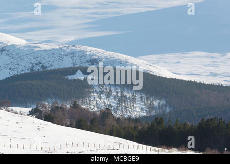 Eine Fernsicht von Prinz Albert's Cairn, stehend auf einem bewaldeten Hang auf Balmoral-plantage auf Royal Deeside, mit den Pisten von lochnagar als Hintergrund Stockfoto