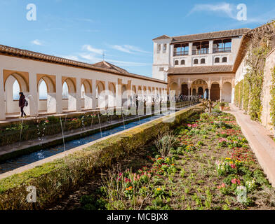 Garten mit Springbrunnen, Patio de la Acequia, Gärten des Generalife, Sommerpalast Generalife, Palacio de Generalife, Granada Stockfoto