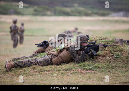Us Marine Corps Pfc. Samuel Hollenbeck, Angriff Mann mit mit Bravo Bravo Company (Co), 1., 3. Marine Regiment, bietet Unterstützungsfeuer während einer Gruppe übung in der Kaneohe Bay Bereich Training Service, Marine Corps Base Hawaii, März 22, 2018 unterstützt. Bravo Co. genutzten Maschinengewehr Unterdrückung und Mörtel Feuer auf simulierten feindlichen Kräfte, während die Infanteristen in Richtung sie angriff. Diese kombinierte-kräfte Übung war der letzte Tag der Schulungsveranstaltung des Bataillons, Übung Bougainville, eine jährliche Übung, dass Pre stärkt - bereitstellungsbereitschaft. Stockfoto