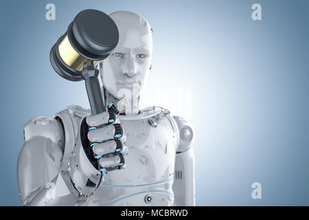 3D-rendering Roboter holding Hammer Richter auf blauem Hintergrund Stockfoto