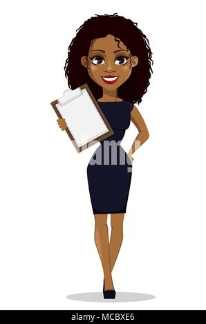 African American Business woman cartoon Charakter. Junge schöne Geschäftsfrau in Smart Casual Kleidung Holding leer Checkliste. Vector Illustration Stock Vektor