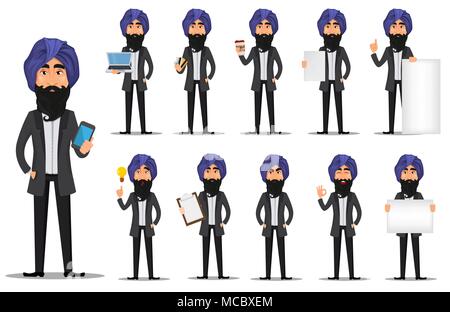 Indische Geschäftsmann Cartoon Character Set. Junge gut aussehender Geschäftsmann in Anzug und Turban-Vektor Stock Vektor