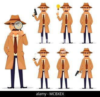 Detektiv in Hut und Mantel, eingestellt. Hübscher cartoon Charakter. Vector Illustration auf weißem Hintergrund. Stock Vektor