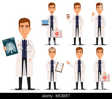 Young Professional Arzt im weißen Kittel, eingestellt. Medizinische Arbeiter. Krankenhauspersonal. Cartoon Charakter. Vector Illustration auf weißem Hintergrund Stock Vektor