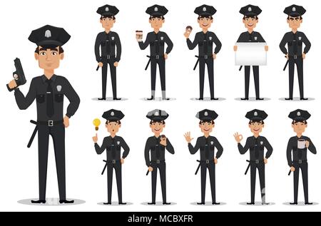 Polizist, Polizist, eingestellt. Zeichentrickfigur cop. Vector Illustration auf weißem Hintergrund Stock Vektor