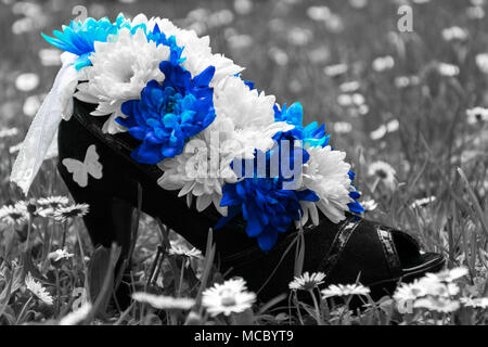 Blumenarrangement im Schuh der Frauen. Schwarzen und weißen Hintergrund Stockfoto