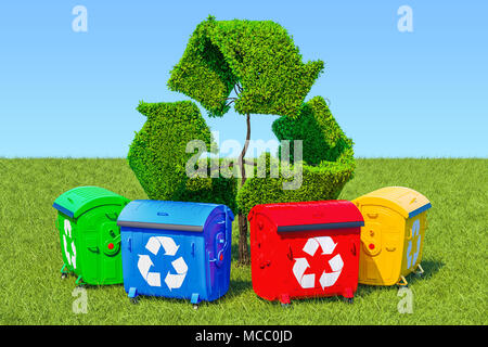 Müllcontainer rund um Baum in der Form von Recycling Anmelden grünes Gras gegen den blauen Himmel, 3D-Rendering Stockfoto