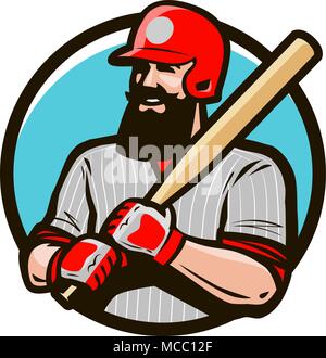 Baseballspieler in Helm Holding Baseball Bat. Sport Logo oder Label. Maskottchen Vector Illustration Stock Vektor