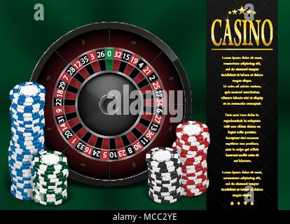 Casino Poster oder Flyer Design. Casino banner Vorlage mit Roulette Rad isoliert auf grünem Hintergrund. Spielen Casino Spiele. Vector Illustration. Stock Vektor