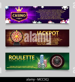 Glücksspiel Banner mit Roulette und Casino Chips, Lotterie, Gold fortune Rad einstellen. Casino Jackpot Banner mit Casino Spiele, Glück und Lotterie. Vector Illustration Stock Vektor