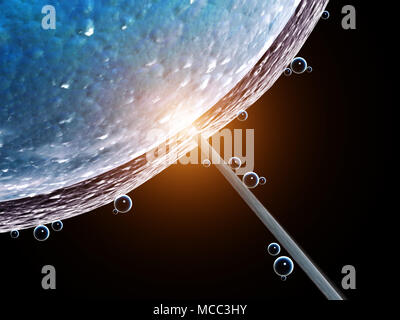 Cell Injektion - künstliche Befruchtung. Nadel anstechen der Zellmembran. Auf schwarzem Hintergrund isoliert. 3D-Rendering Stockfoto
