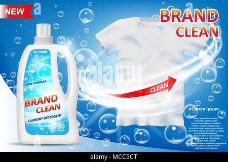 Weißen Behälter 3d-Flasche mit Waschmittel ad. Fleckenentferner Package Design für Werbung. Waschmittel Banner mit sauberem Hemd auf blauem Hintergrund. Vector Illustration Stock Vektor