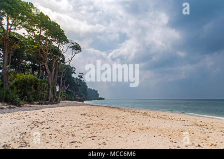 Atemberaubende Aussicht auf Jolly Buoy Strand, einen schönen Baum am Strand liegen, Andaman Nicobar Inseln. Sturmwolken über die Insel Stockfoto