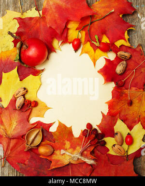 Herbst Hintergrund - Grenze von Blättern und roten Beeren auf Papier Hintergrund Stockfoto