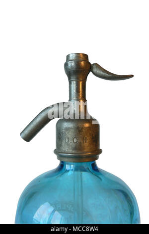 Close-up Siphon, eine Flasche alten blauen Seltz Wasser, Ausschneiden Stockfoto