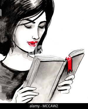 Mädchen ein Buch lesen. Tusche und Aquarell Abbildung Stockfoto
