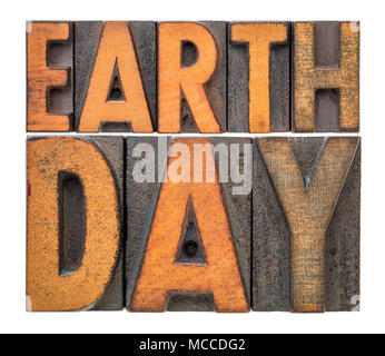 Tag der Erde - jährliche Veranstaltung feierte am 22. April Unterstützung für den Umweltschutz demonstrieren, isolierte Wort im Hochdruck Holz Art Abstract Stockfoto