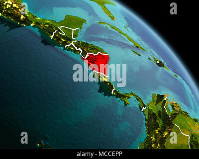 Am frühen Morgen Ansicht von Nicaragua in Rot hervorgehoben auf dem Planeten Erde mit sichtbaren Grenzen und die Lichter der Stadt. 3D-Darstellung. Elemente dieses Bild Stockfoto