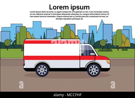 Krankenwagen Notfall Auto auf der Straße medizinische Fahrzeug über die Stadt Gebäude Hintergrund mit Kopie Raum Stock Vektor